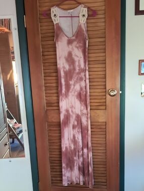 VENUS Mauve Pink Tie-Dye Maxi Dress with Crochet Straps